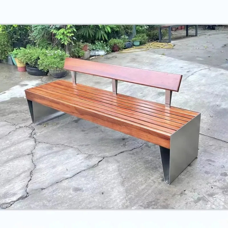 Meubles urbains d'extérieur modernes, banc en acier inoxydable, chaise de jardin en métal, parc, sièges en bois de teck, 2-3 places avec dossier