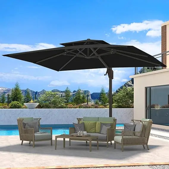 10 X 13 FT Cantilever Patio Umbrella Outdoor Heavy Duty Double Top Windproof Rectangle Offset Umbrellas with 360-degree Rotation