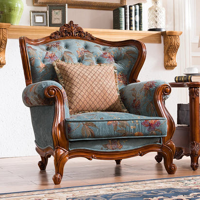 American-style all-solid wood fabric sofa combination three-person furniture set