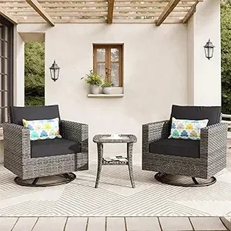 3-Piece Outdoor Swivel Chair Set with Cushions, Rattan Rocking Chairs and Side Table, Comfortable Patio Glider Furniture