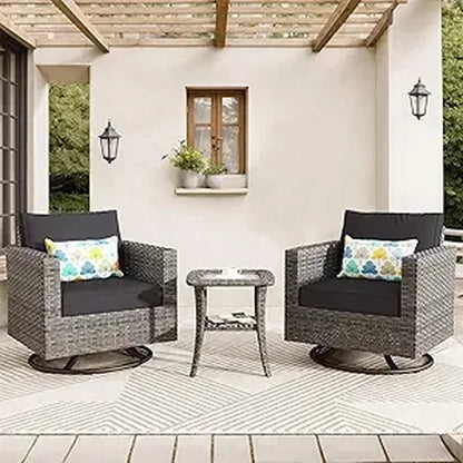 3-Piece Outdoor Swivel Chair Set with Cushions, Rattan Rocking Chairs and Side Table, Comfortable Patio Glider Furniture