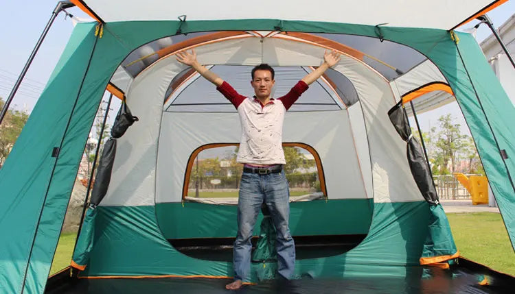 430/380/320cm Camping Tent 5-8-12 Person 3 Sizes Two-bedroom Tent Oversize Leisure Double-plies Rainproof Outdoor Family Tents