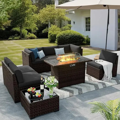 7 PCS Patio Furniture Set with 28" 50000 BTU Propane Gas Fire Pit Table Cushions Red
