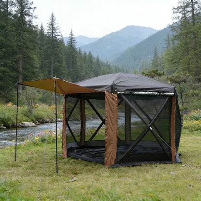 Large Space Tents Hexagonal with Awning Waterproof Camping House Tent UV Protection Family Outdoor Camping Hiking Picnic Tents
