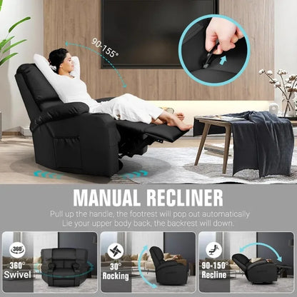 Massage Recliner Chair with Heat & Vibration, 360° Swivel Rocker, Faux Leather, Easy Assembly