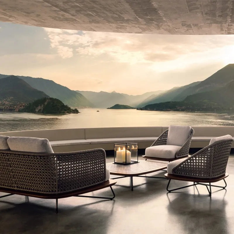 #All Weather Outdoor Lounge Sofa Set L-Shaped Corner Aluminum Frame With Rope Weaving For Patio Hotels