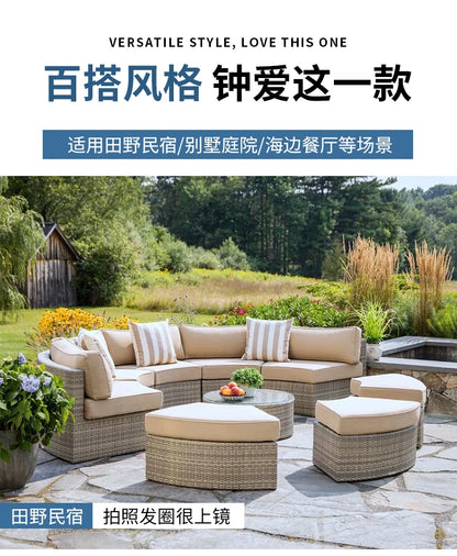 Rattan sofa combination courtyard garden leisure outdoor living room custom semi-circular arc rattan chair terrace outdoor