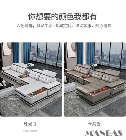 Linlamlim Luxury Genuine Leather Sectional Sofa with Adjustable Headrests, Projector, Speaker and Storage for Living Room Couch