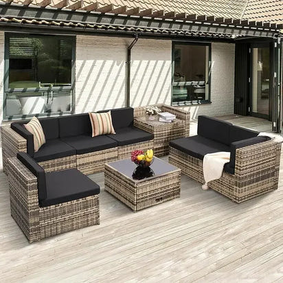 QAZ8-Q8 pieces outdoor Wicker rattan patio sectional furniture set.glass top table with hidden storage.7 sofa sections.oversized