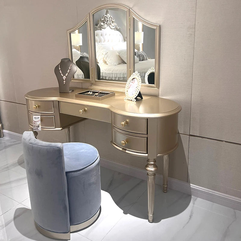 Luxury Custom Solid Wood Dressing Table With Extendable Vanity Desk & Mirror European & American Style
