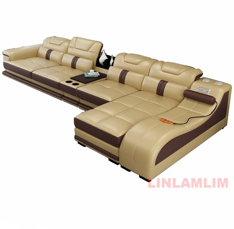 Sectional Sofa with Massage Chaise Lounge, Cup Holder, USB, Adjustable Headrests – Italian Genuine Leather Living Room Couch