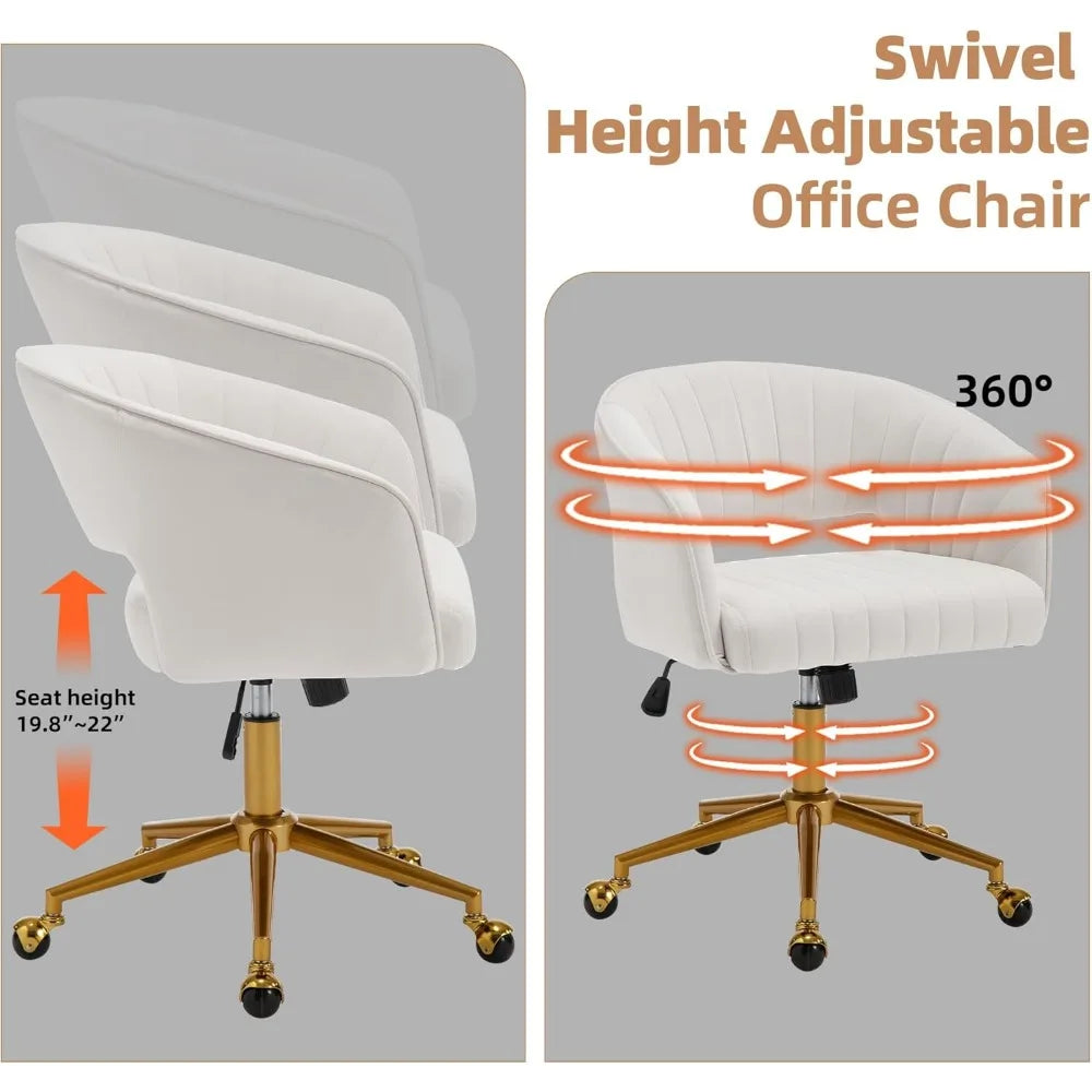 Home Office Desk Chairs, Modern Velvet Rolling Chair, Height Adjustable Swivel Vanity Chair with Golden Base, Ergonomic