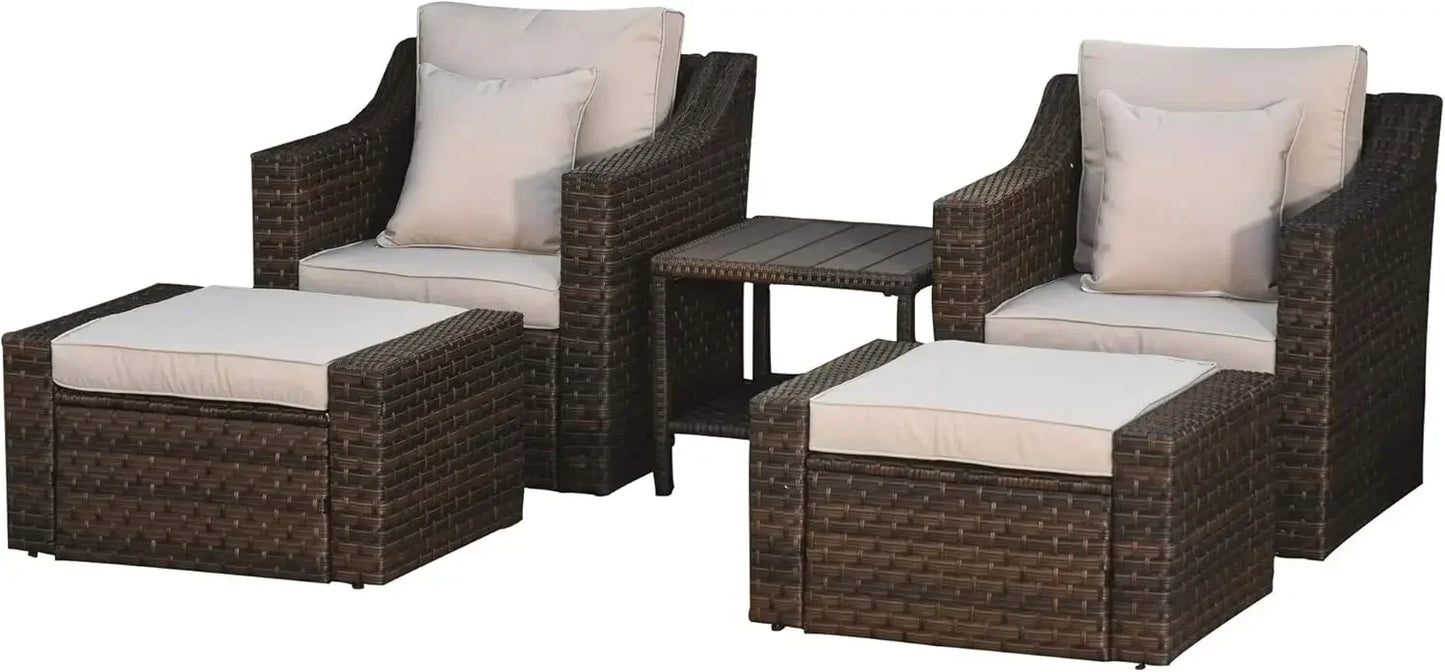 Patio Furniture Set, All Weather PE Rattan Conversation Chair, and Ottoman Set with Coffee Table, Cushions & Pillows Included