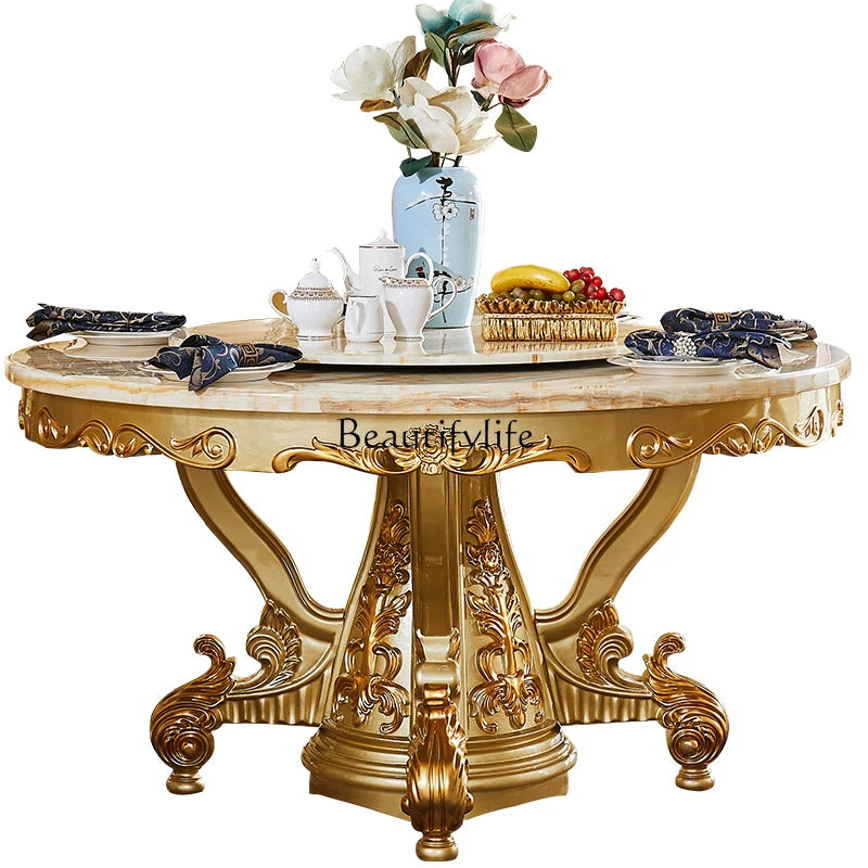 European dining table marble surface full solid wood carving flower home table and chair combination