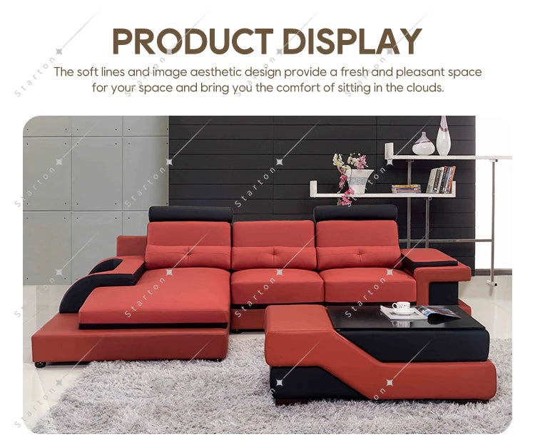 Italian Leather Sectional Sofa Set Red Black L-Shape Living Room Furniture for Office or Apartment Genuine Leather Material