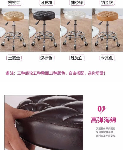 Black PU Leather Rolling Stool Round Swivel Stool with Wheels Height-Adjustable Seat for Salon Tattoo or Office Use
