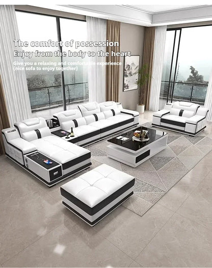 Luxury Italian Genuine Leather Sectional Sofa Set With Bluetooth Speaker And USB Ports Cow Leather Divano Living Room Furniture