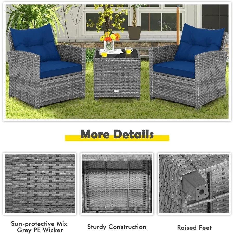 3 Piece Patio Furniture Set Outdoor Wicker Rattan Sofa with Cushions Coffee Table with Tempered Glass Conversation Sofa