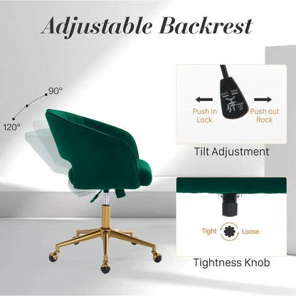 "contemporary swivel ergonomic chair with velvet upholstery and adjustable height on gold base"