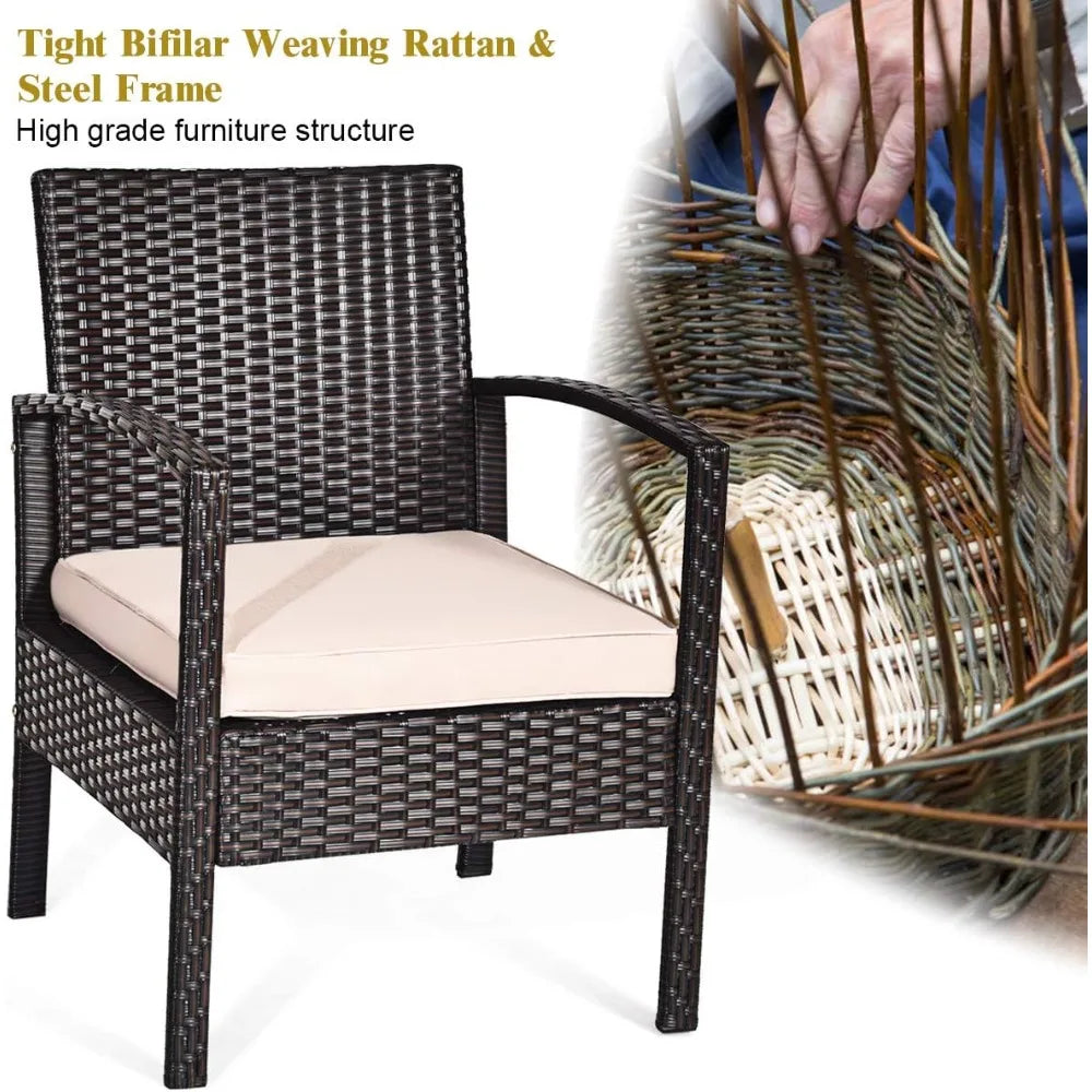 4 Pieces Patio Furniture Set, Wicker Conversation Set with Water-Resistant Cushion & Tempered Glass Table, Porch Deck Furniture