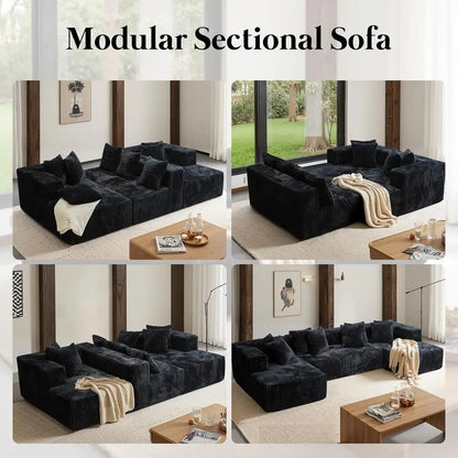 130 Black Modular Cloud Sofa with 2 Chaise Lounges, 4-in-1 Deep Seating Sectional Couch, Layered Foam Cushions, No Assembly Requ