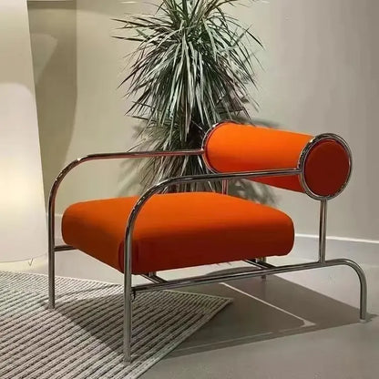 Art Deco Style Chrome & Leather Lounge Chair,Accent Leisure Chair with Geometric Metal Frame,Retro Furniture for Living Room