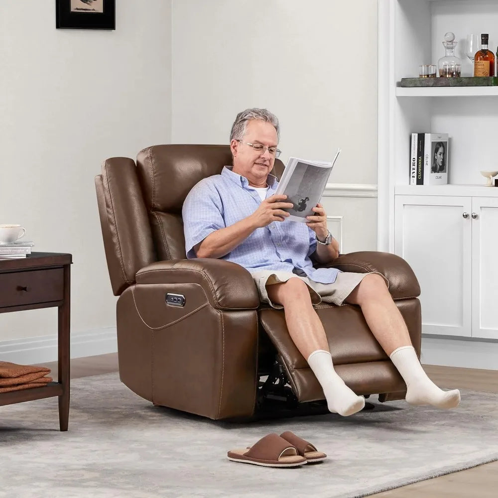 Genuine Leather Power Recliner Chairs for Adults, Wall Hugger RV Recliner with Power Headrest & Charging Ports,
