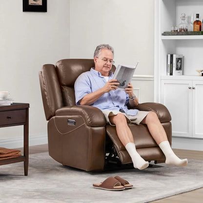 Genuine Leather Power Recliner Chairs for Adults, Wall Hugger RV Recliner with Power Headrest & Charging Ports,