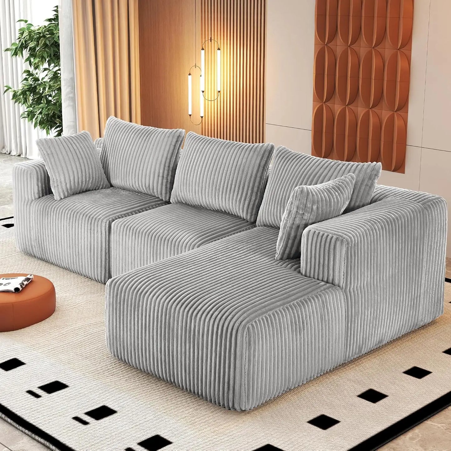 Modern Minimalist Sectional Sofa: L-Shape Cloud Couch with Deep Seats Right Chaise - Black