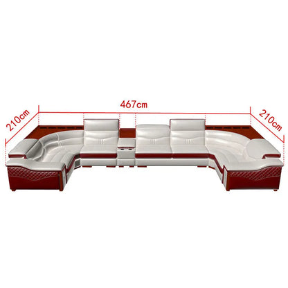 Luxury U-Shaped Genuine Leather Sofa Set with Recliner, Modern Sectional Couch with Storage and Cup Holders for Living Room