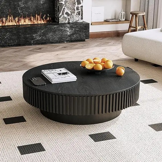 Modern Wooden Round Coffee Table with Storage, Solid Wood Veneer Accent Table for Living Room
