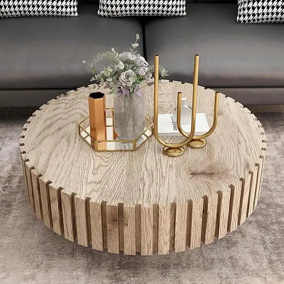 Round Wood Coffee Table for Living Room Modern Rustic Fluted Solid Wood Coffee Table Pedestal Center Table Circle Tea Tables