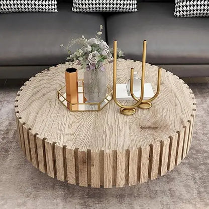 Round Wood Coffee Table for Living Room Modern Rustic Fluted Solid Wood Coffee Table Pedestal Center Table Circle Tea Tables