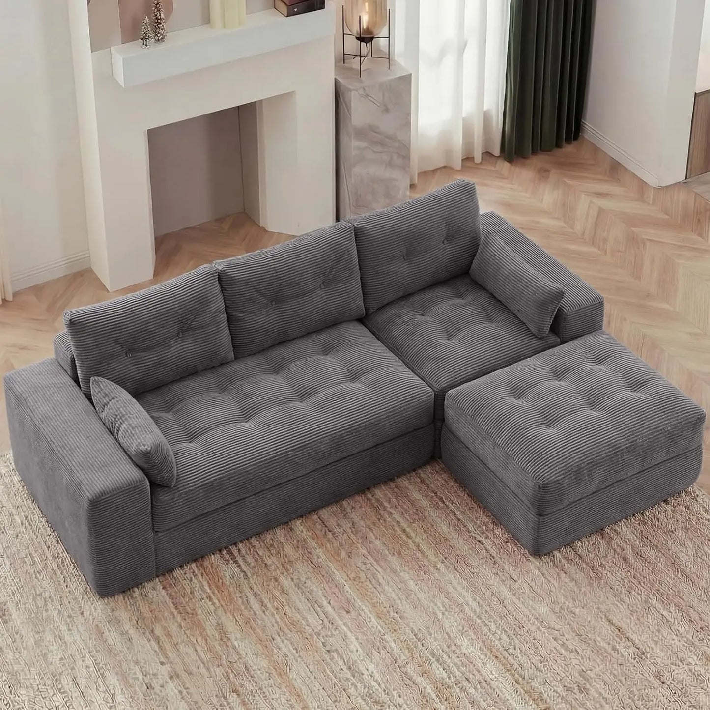 Redlife 100" L-Shaped Modular Sectional Sofa with Ottoman, 3-Seat Corduroy Couch with 30D High-Density Foam, No, Customized