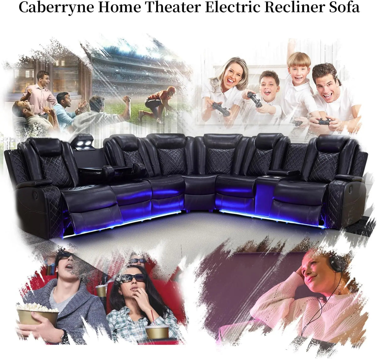 Recliner Leather Sofa Sectional Couches with LED Light for Living Room, Reclining Corner Sectional Sofa with Storage