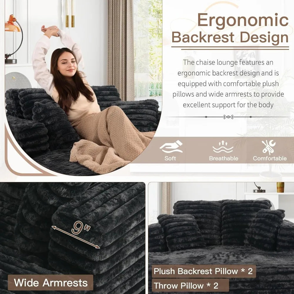 Oversized Plush Faux Fur Chaise Lounge Chair Indoor Sleeper Sofa Couch Bed with Pillows and Wide Armrests, Comfy Cloud Sofa for