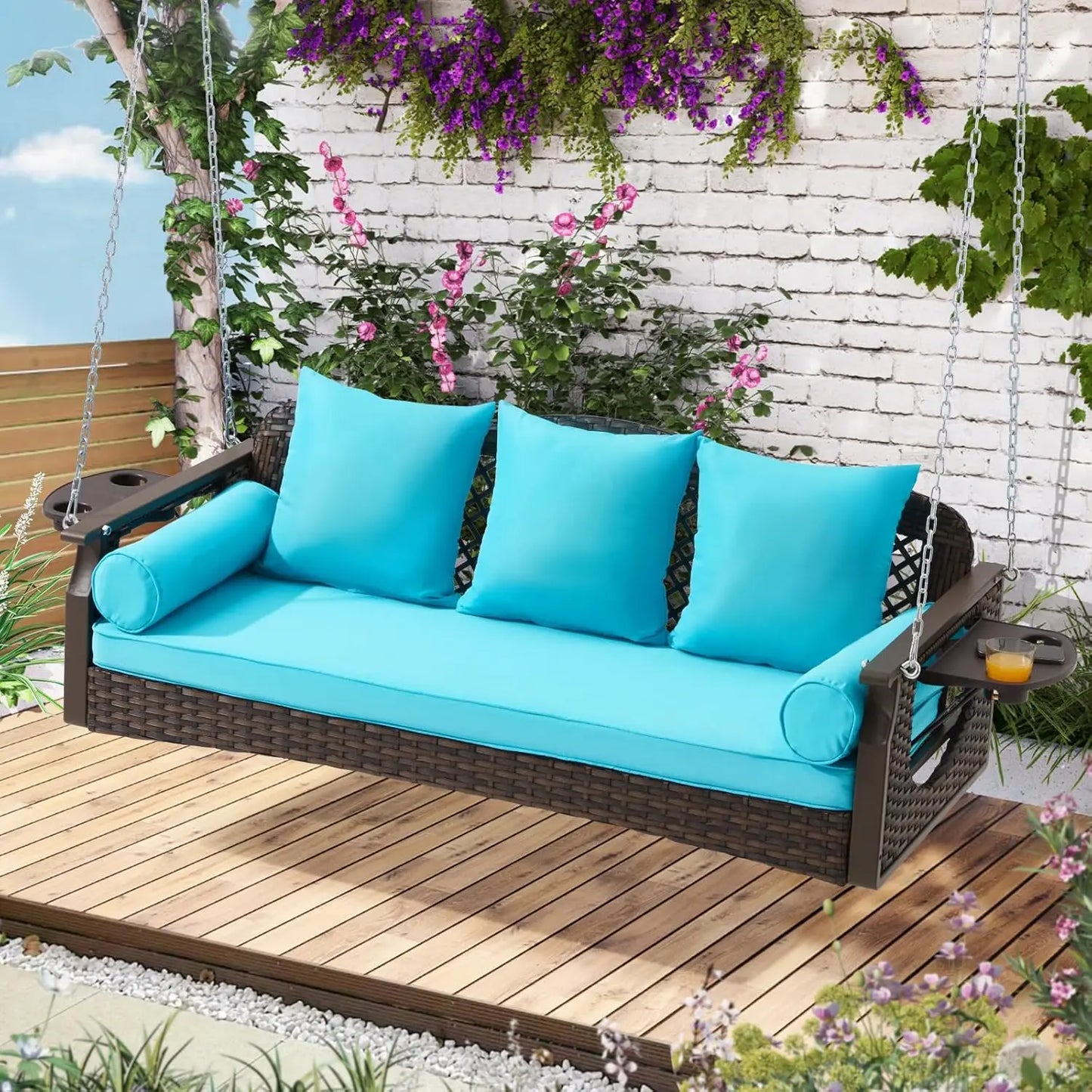 3 Seat Porch Swing, Wicker Patio Swing with Cup Holders & 3 Back Cushions, Yard Swing with Chains for Deck Garden Backyard
