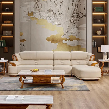 Ebony leather living room sofa combination modern simple light luxury new Chinese style solid wood first layer cowhide furniture