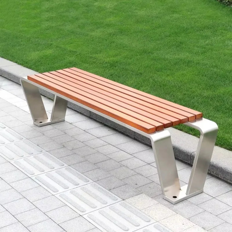Banc de jardin extérieur moderne en acier inoxydable, chaise populaire, sièges d'entrée et de parc sans dossier, finition bois, offre spéciale