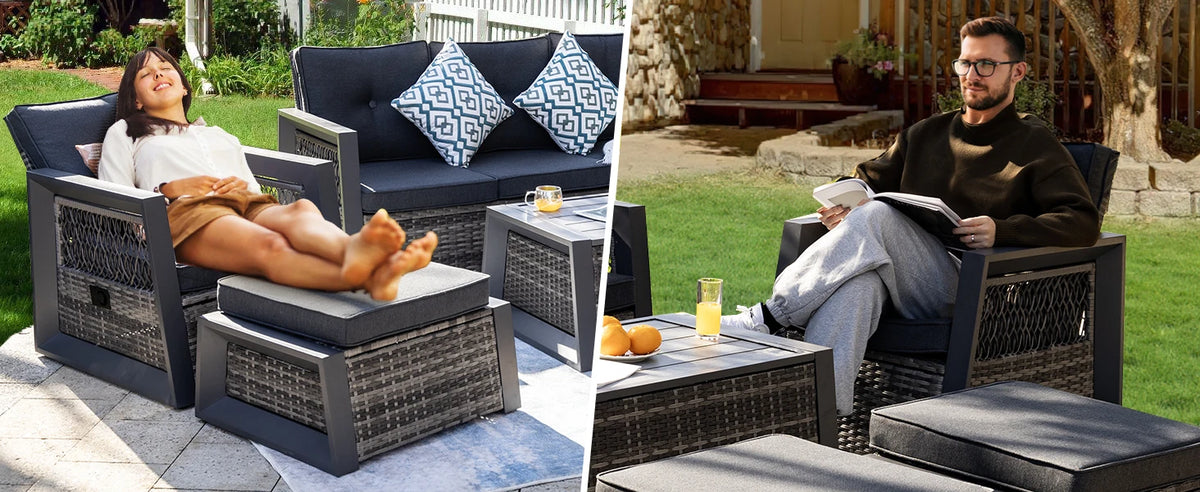 Aluminum Patio Furniture Modern Outdoor Sofa Rattan Garden Sofa with Storage Coffee Table (Grey)