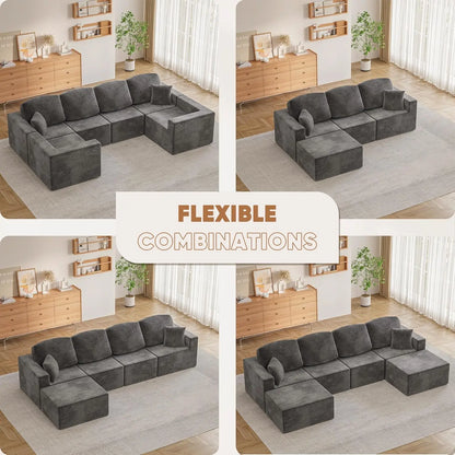 126" Modern Fabric Boneless Couch with Deep Seat, Sectional Couches for Living Room, Upholstered Cloud Sofa with 2 Ottoman
