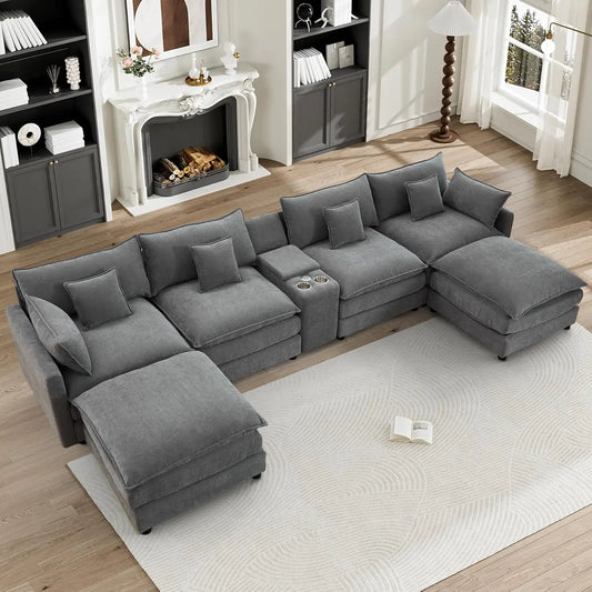 145" U Shaped Sectional Sofa Couches for Living Room, Oversized Cloud Sectional Couch Big 6 Seater Sectionals Sofa Set with USB