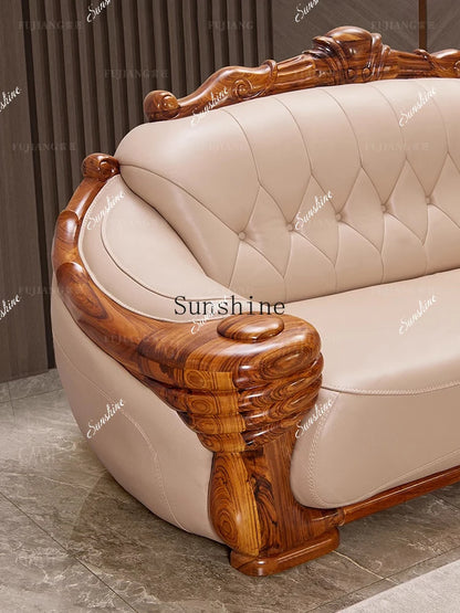 European leather sofa solid wood carving flower high-end luxury corner princess combination