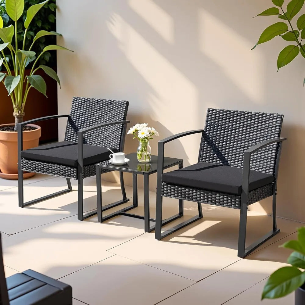 Outdoor Furniture Set Patio Bistro Chairs with Glass Coffee Table for Pool Beach Backyard Balcony Porch Deck Garden,Black