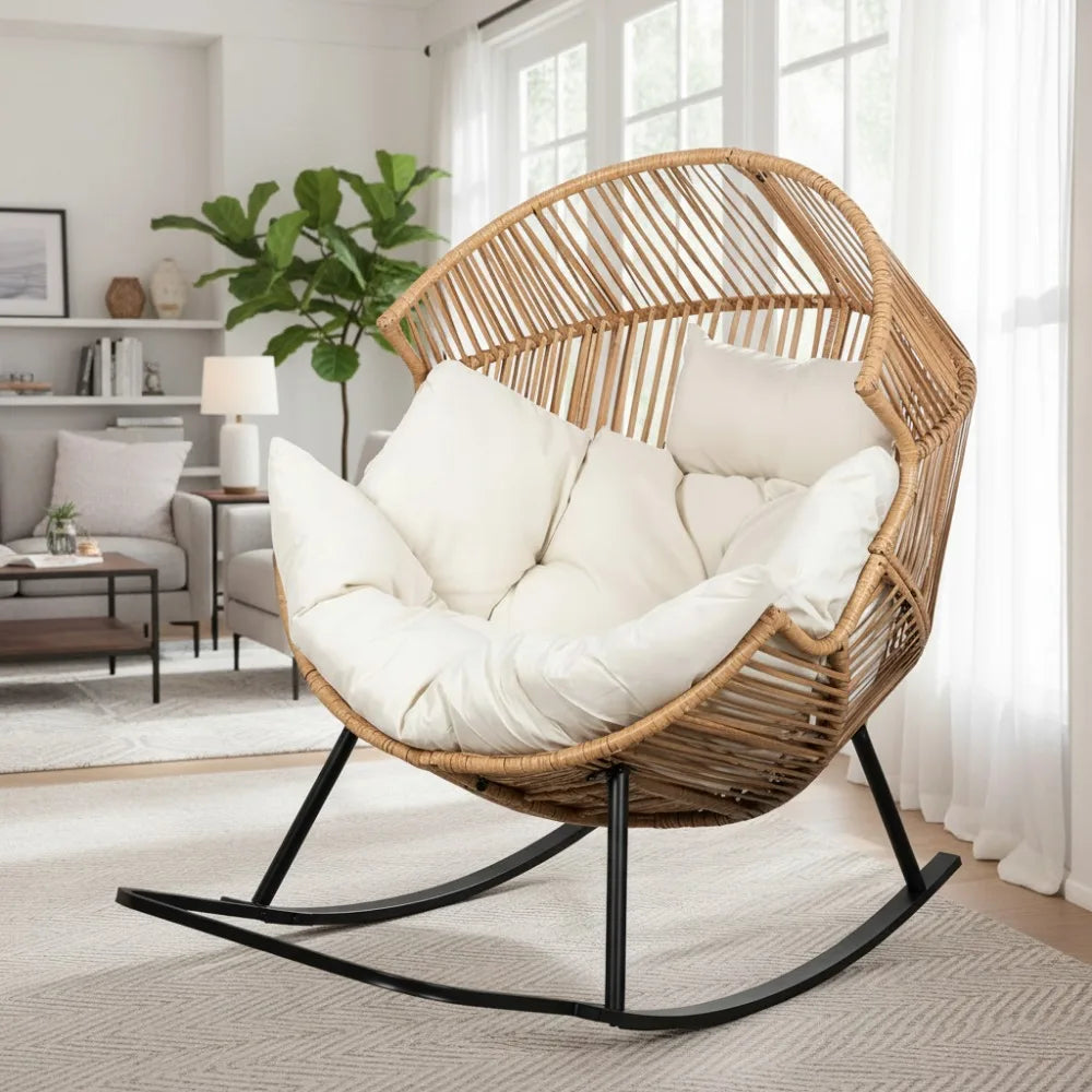 PE Rattan Egg Rocking Chair with Cushion, Oversized Patio Lounge Rocker for Outdoor Indoor Balcony Garden Beige