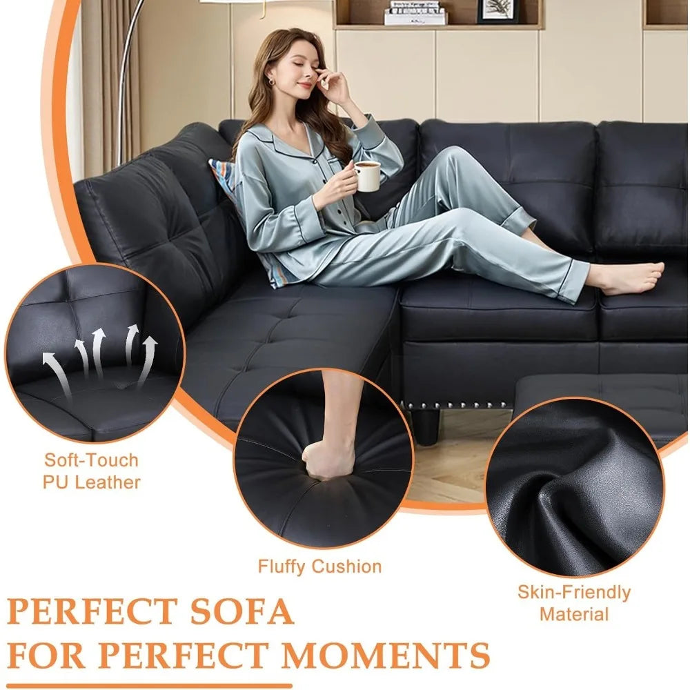 modern 4-seaters living room furniture sets with chaise lounge, ottoman & 2 pillows | l shape couch