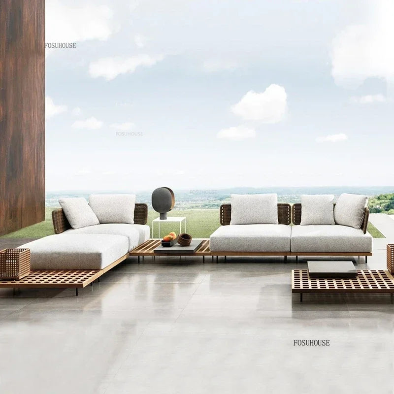 Solid Wood Rattan Sofa Home Leisure Patio Furniture B&B Villa Nordic Sofa Chair Combination Luxury Outdoor Garden Furniture Sets