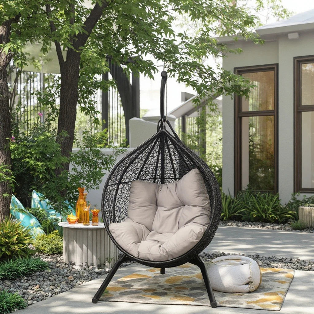Modern Outdoor Garden Patio Courtyard Aluminium Metal Hanging Egg Swing With Stand Rattan Egg Swing Chair