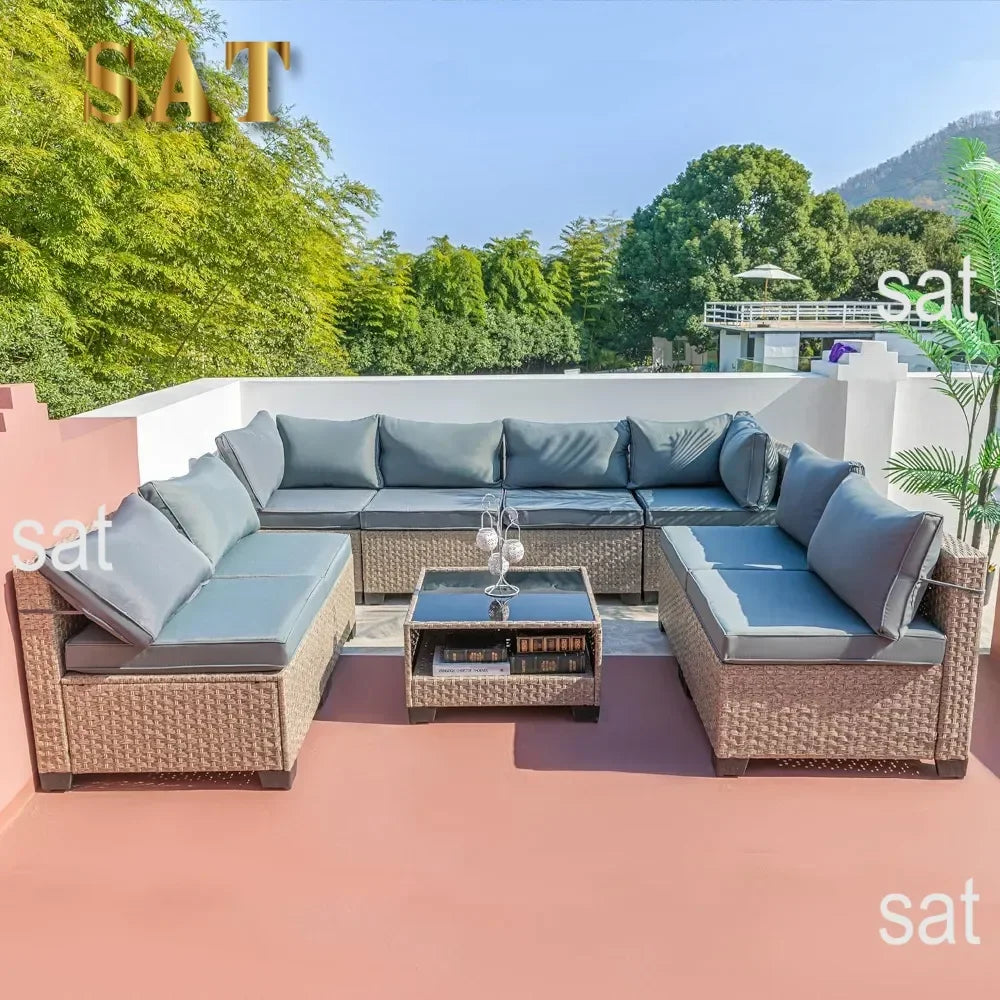 For Garden Furniture 9 Pieces Set, Patio Furniture Set with Storage Table and Cushions, Couch Sofa, Garden Furniture