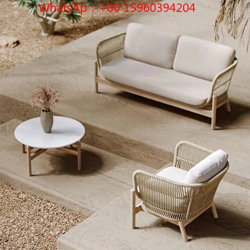 Nordic solid wood outdoor leisure rattan antiseptic wood sofa waterproof and sunscreen courtyard model room teak furniture